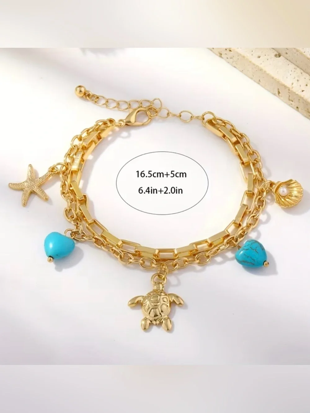 NEW! Gold Turtle Charm Bracelet with White Stone Hearts. Beach bracelet 🐢 A4-150